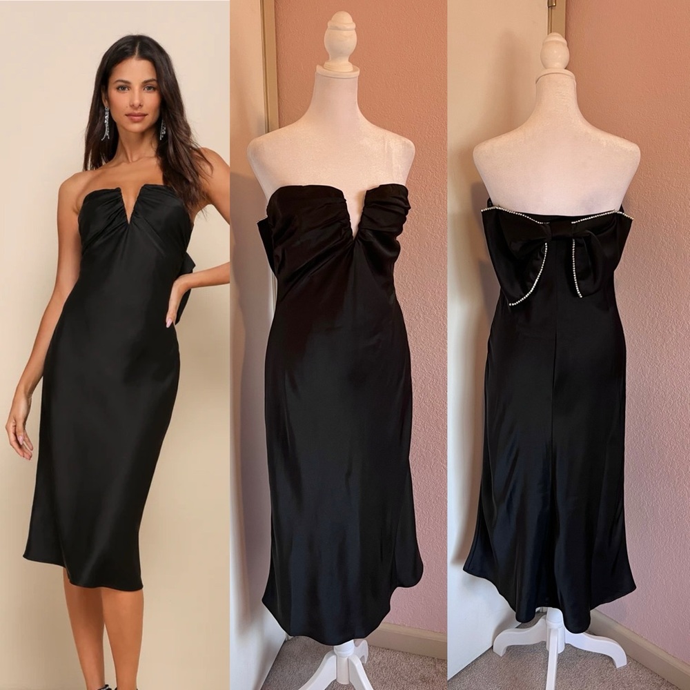Luxe Crush Black Satin Rhinestone Bow Strapless Midi Dress from Lulus